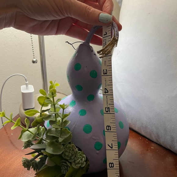 Hand crafted painted dried gourd planter purple aqua blue dots faux succulents - Picture 15 of 16